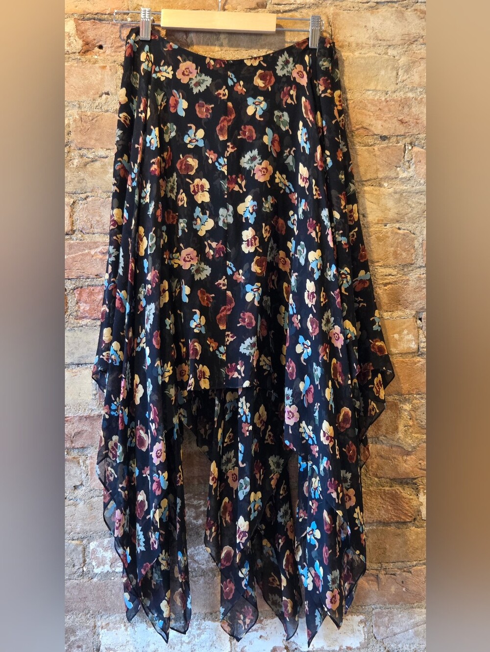 Lauren Ralph Lauren Black Feminine Floral Silk Midi Handkerchief Skirt